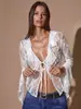 26 Blusa de gasa con botones, ribete de encaje, cuello en V, estilo europeo y americano, para mujer, otoño, holgada, versátil, moderna y casual
