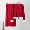 Conjunto casual fashion transfronteiriço com decote V e babados para mulheres, novo estilo outono/inverno: cardigan de tricô + saia de tricô justa
