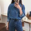 Tiro Real Estilo Coreano Retro Francés Simple Versátil Bolsillo Doble Solapa Pantalones Camisa de Manga Larga de Mezclilla para Mujer Primavera Nuevo Estilo 2 Colores