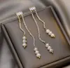 Brincos de argola com agulha de prata 925 e borla longa, design de laço de alta qualidade, brincos com incrustação de diamante, brincos de corrente, brincos para mulheres