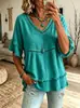 Camiseta de punto calado con cuello en V para mujer, camiseta de manga corta de encaje con flecos suelta de verano, top casual, ropa casual de verano europea y americana