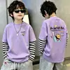 Camiseta de algodón 100% pura para niño, nueva de 2026, ropa infantil, imitación de dos piezas, manga larga, rayas, retazos, para primavera y otoño
