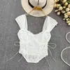 Top corto de encaje con manga corta tipo mariposa y tirante interior para mujer, prenda exterior de verano sexy, dulce, chica popular, top con tirantes de ballena para mujer