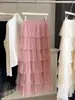 Saia de Bolo em Camadas de Renda Estilo Coreano para Mulheres Nova Primavera 2026 Cintura Alta Elegante Comprimento Médio com Caimento Fluido