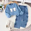 Ins Lança Nova Roupa Infantil Europeia e Americana Transfronteiriça, Roupa de Menina, Moletom Azul de Manga Longa + Calça, Conjunto de Roupa para Bebê e Criança