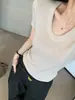 Camiseta de Punto de Manga Corta con Cuello en U Estilo Old Money para Mujer Verano Top de Hombro Regular Casual Adelgazante de Alta Gama Ajustado al Cuerpo