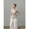 Suave top de punto acanalado con cuello en U para mujer, primavera y otoño, tejido de punto de manga larga con lazo en la cintura, imitación de dos piezas con encaje