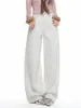 26 Outono Novo Estilo Americano Branco Drapeado Perna Larga Cintura Alta Versátil Solto Perna Reta Comprimento do Chão Corte Curvo Jeans 32025