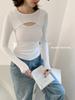 Camiseta interior de modal cero carbono estilo deconstruido con elástico en la parte inferior para mujer, manga larga, cuello redondo, ropa interior cómoda, prenda exterior cómoda, top adelgazante para mujer