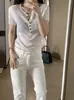 26 Nova Estilo Verão 100% Tencel Twist Gola Semi Aberta Camiseta Feminina de Manga Curta, Elegante e Versátil, Malha Solta e Emagrecedora