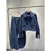 Moda de Cintura Alta Diseño de Calle Alta Único Casual Traje de Mezclilla Otoño 2025 Top Corto Pantalones de Pierna Ancha Conjunto de Dos Piezas