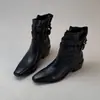 Botas de motocicleta vintage com fivela de cinto, botas femininas de couro genuíno de cano médio, salto grosso, emagrecedoras, botas western Maillard, botas de trabalho