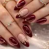 Unhas postiças em formato de amêndoa vestíveis, branqueamento vinho tinto, fio de ouro, decoração de acessório de laço francês, unha postiça removível