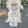 Vestido Nobre Feminino 2025 Verão Estilo Francês Estilo Chanel Uniboto Slim Fit Manga Curta Renda Fenda Longo