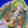 Thangka Amarillo Pintado a Mano Grueso Dios Tibetano Nepales de la Riqueza Tara Verde Pieza de Exhibición Exquisita Manjushri Pintura Colgante Guanyin de Cuatro Brazos