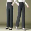 1007 Calça de Sarja Xadrez Wide-leg Primavera e Outono Calça Reta para Meia-idade Calça Solta para Mãe plus size Listrada Casual Calça Feminina para Meia-idade