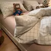 Super Suave Dormir Desnudo Algodón Lavado con Agua Pura Rayas Cuadros Juego de Cuatro Piezas Sencillo Funda de Edredón de Algodón Puro Sábana Bajera Juego de Tres Piezas para Dormitorio de Estudiante