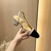 Sandalias de gamuza de alta gama estilo Chanel con punta cerrada para mujer, modelo nuevo con tacón medio, cuero genuino, parte trasera abierta, bloques de color, tacones de plataforma gruesos estilo francés