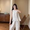 Conjunto Elegante e Fashion de Top sem Mangas Drapeado em Linho Tencel + Calça Cropped Reta de Pernas Largas