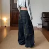 Calças de perna curva estilo college com estampa de camuflagem e leopardo, jeans lavado, caimento solto feminino, calças versáteis de perna larga compridas para o outono de 2026