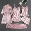 Lingerie Sexy Popular: Conjunto de Pijama de Cinco Peças com Camisola de Renda, Shorts, Calça Longa e Cardigã, Tamanho Grande