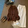 2026 Principios de Otoño Versión Coreana Retro Francés Delicado Pana Bordado de Puntada Larga Cuello de Encaje Camisa Casual de Manga Abullonada Otoño-Invierno