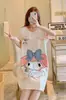 Pijama de nuevo estilo para mujer, verano, manga corta, fino, dibujos animados, lindo, holgado, camisón, vestido holgado de longitud media, ropa para casa, transmisión en vivo