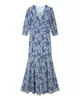 Vestido longo floral suave estilo francês para mulheres, verão europeu e americano, chiffon, decote V, manga bufante, acinturado, fenda, elegante