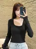 Top liso de manga larga ajustado con cuello en U para mujer, nuevo estilo coreano de otoño, camiseta elegante de cintura alta