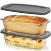 Juego de dos recipientes rectangulares largos de vidrio de borosilicato para pan tostado con tapas selladoras grises, aptos para hornear y refrigerar pan y pasteles
