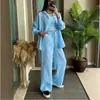 Conjunto Feminino de Duas Peças Europeu e Americano Transfronteiriço Estilo Primavera Novo Temperamento Moderno Tamanho Plus Conjunto de Camisa com Aparência de Linho Calça Longa Solta de Cintura Alta