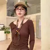 Novo Colar de Lenço de Seda com Contas para Mulheres, Corrente para Suéter Retrô de Bolinhas e Flor de Castanha, Lenço Pequeno Fino Moderno Literário Versátil