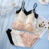 Conjunto de sujetador de copa triangular transpirable con tirante fino de soporte suave, sin varillas, conjunto de sujetador sin espalda con ribete de encaje sexy