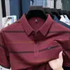 Agotado del mostrador~Camiseta de manga corta de verano para hombre, a rayas, cuello camisero, corte holgado, estilo de negocios, estilo papá, polo de seda helada