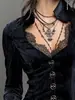 Bestseller transfronterizo europeo y americano estilo gótico top de terciopelo para mujer, cuello en V de encaje ajuste ceñido manga acampanada camisa vintage de manga larga