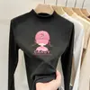 Camiseta interior de forro polar con estampado de dibujos animados para niños, manga larga, para otoño e invierno, tejido cepillado, cuello semi-alto, corte ajustado para niñas