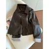 Chaqueta de cuero de retazos a cuadros marrones de alta gama con solapas para mujer, chaqueta casual holgada dulce y fresca retro coreana de otoño