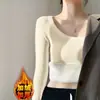 Camiseta Base Engrosada Forrada de Polar para Mujer Cuello en U Manga Larga de Invierno Ropa Exterior Ajustada para Mujer Camiseta Adelgazante Versátil de Moda para Mujer