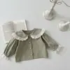 Esgotado, Sem Reposição Estilo Bebê Primavera e Outono Renda Gola Grande Manga Longa Cardigan Feminino Botão Único de Pérola Roupa Exterior