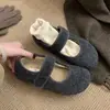 Zapatos Mary Jane de Piel para Mujer, Otoño Invierno, Nuevos, Planos, con Velcro Mágico, Suela Suave Cálida, Grises, con Felpa, Zapatos Individuales