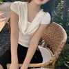 Camiseta de Manga Corta para Mujer, Estilo Francés de Verano, Hombros Descubiertos, Corte Ajustado, Estilo Puro Deseo, Versátil y Sencilla, Venta al por Mayor