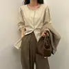 En stock Camisa de otoño chic coreana de un solo pecho con retazos de encaje y jacquard acanalado de manga larga para mujer 17968