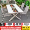 Mesas y Sillas Nórdicas de Exterior Mojia, Aleación de Aluminio con Acabado de Madera, Mesas con Parrilla Eléctrica y de Carbón, Mesas y Sillas para Barbacoa de Exterior en Patio para Uso Doméstico
