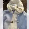 Cárdigan de punto con capucha gris estilo francés de dos piezas falsas para mujer, prenda exterior de principios de otoño con un toque de alta gama, abrigo holgado suave y mullido