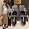 ¡Versión de piel de oveja! Zapatos Mary Jane con Pedrería Francesa para Mujer, Planos de Punta Cuadrada con Piel Sintética de Peluche, Planos Cálidos de Algodón