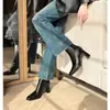 Botas Novas Elásticas de Salto Grosso Botas Slim Botas de Salto Alto Curtas Botas Femininas Francesas Outono e Inverno Botas de Cano Curto 2025 Bico Quadrado Femininas Forradas com Lã Pequenas