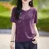 Camiseta Jacquard de Linho com Manga Curta Estilo Old Money para Mulheres, Verão Fina Confortável Respirável Gola Redonda, Caimento Solto, Emagrecimento