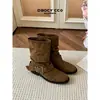 Botines Nuevos de Tacón Grueso Botas de Mezclilla Apilada Arrugadas Estilo Retro Botas con Hebilla de Cuero Mujer 2026 Otoño Estilo Británico Occidental