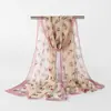 Bufanda Nueva de Seda Suave Transpirable Georgette Pedrería Hot-fix Estampado de Flores Rosas Bufanda Chal de Gasa Ropa Exterior Larga para Mujer