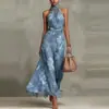 Moda europea y americana para mujer 2026 transfronteriza: vestido de malla ajustado con estampados, abertura asimétrica, diseño plisado y tirantes finos sexys, vestido largo